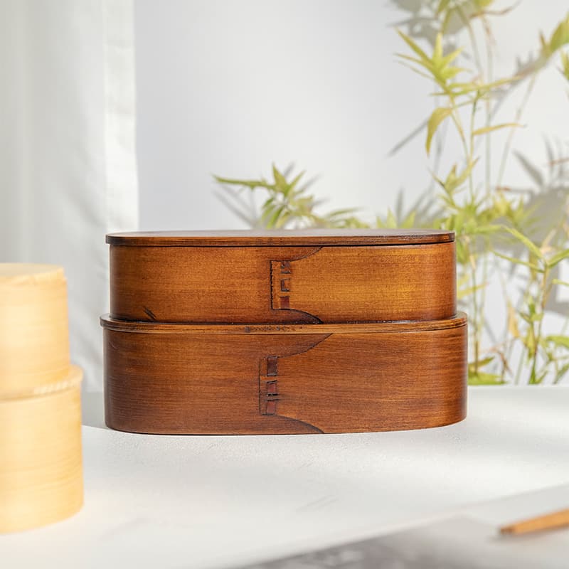 天然木製二段式仕切り付き弁当箱