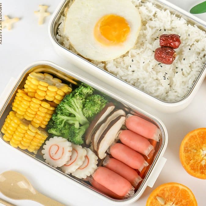 木目調蓋付きステンレス製二段弁当箱